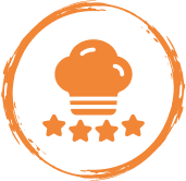 Icon of an chef hat with four stars beneath it, enclosed in a hand-drawn circle, representing quality, skill, and culinary excellence.