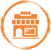 Icon of an bakery shop with a bread loaf on the roof, striped awning, and window, depicting a welcoming and traditional baking environment.