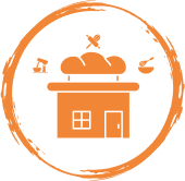 Icon of a bread loaf on a roof, surrounded by baking tools illustrating a creative, cozy, and well-equipped baking space.