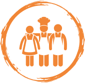 Icon of three people in aprons, with one wearing a chef hat, symbolizing teamwork, collaboration, and hands-on culinary training.