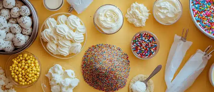 Displaying a variety of baking sugars and toppings including sprinkles, whipped cream, powdered sugar, and yellow sugar pearls, showcasing different types of sugar used in cakes and cookies