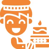 icon of a happy person holding a decorated cake with a candle, representing cake artists and bakery owners looking to improve their skills and grow their baking business.
