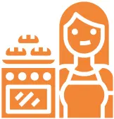 icon of a smiling woman in an apron standing beside an oven with loaves of bread, representing home bakers eager to grow their skills and turn their baking passion into expertise
