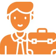 icon of a smiling person with a briefcase, showing working professionals or hobby bakers who want to join weekend baking classes and learn from experts.