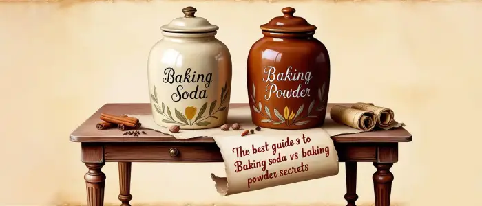 Two vintage jars labeled Baking Soda and Baking Powder placed on a wooden table with rolled parchment and spices, illustrating a visual guide for understanding the differences and uses of each in baking